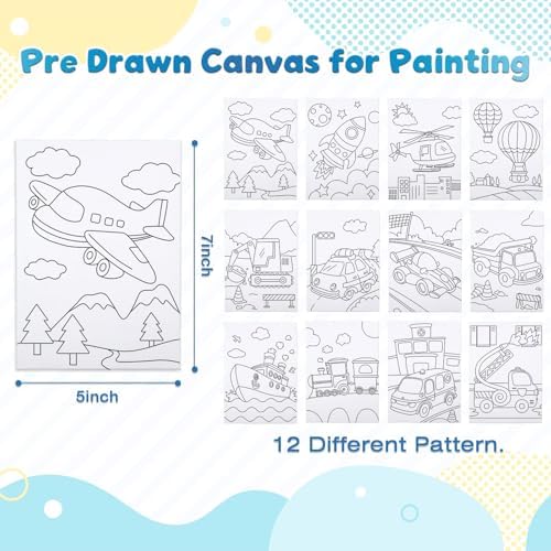 Louise Maelys 5x7Inch Pre Drawn Canvas for Painting for Kids,Transportation
