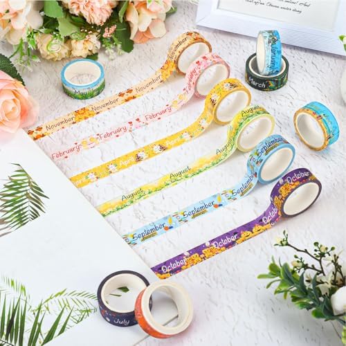 Whaline 12 Rolls Holiday Monthly Washi Tape Seasonal Masking Tape Set 12 Months of The Year Decorative Wrapping Paper Tapes Boxed for Scrapbook Journal DIY Crafts