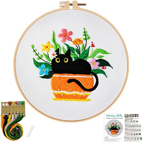Louise Maelys Black Cat Embroidery Kit for Beginners Botanical Craft