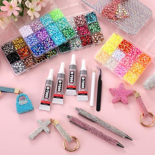 8880Pcs in 48 Colors Rhinestones for Bedazzling and Diamond Art, 5mm Flatback Gems with 3×10ml B7000 Jewelry Glue Tweezers, Perfect for Nail Art, Crafting, Clothing, Fabric Decor