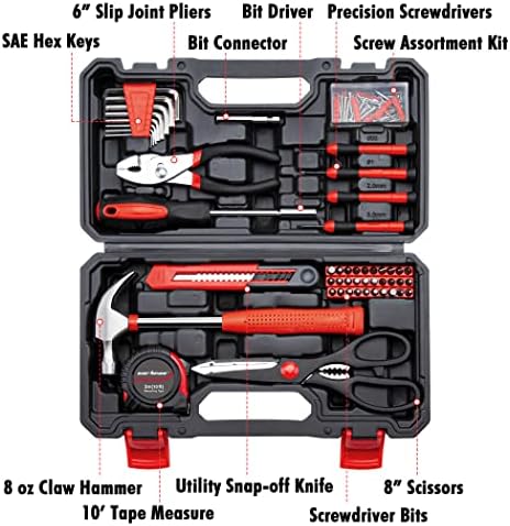 CARTMAN Complete Household Tool Set, Red Hand Kit With Storage Case | Versatile tool assortment for home repairs, DIY projects, furniture setup, crafting, and daily household fixes in toolbox.