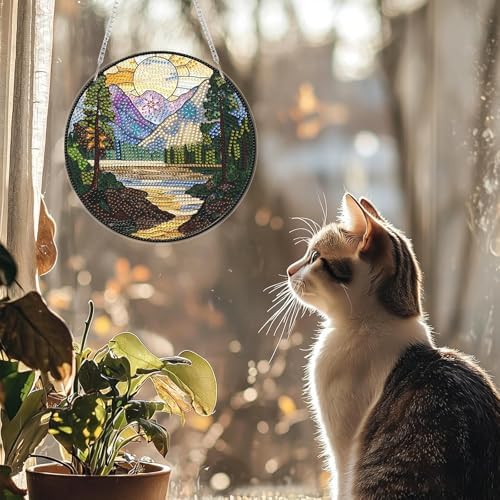 CRZMODE Landscape Diamond Art Hanging Kit for Adults, Landscape Pendant Diamonds Painting Art Kit, Special Crystal Diamond Art Painting Pendant Ornament, Craft Gift for Women Home Window Decor