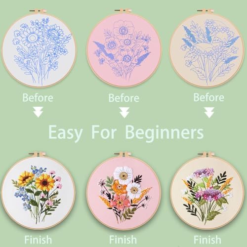 Ohcol 3 Sets Embroidery Kit for Beginners Cross Stitch Kits Needlepoint Kits Crafts for Adults with 3 Embroidery Hoops Easy-to-Follow Operating Instructions,Needle Point Kits with Flowers Patterns