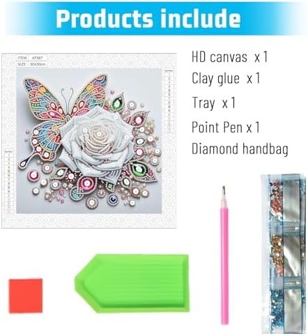 5D Special Shape Diamond Art Kits for Beginners, Diamond Painting Kits for Adults, Crystal Rhinestones Diamond Painting for Home Wall Decoration Gift 12×12 inch/30×30 cm, Butterfly and White Rose