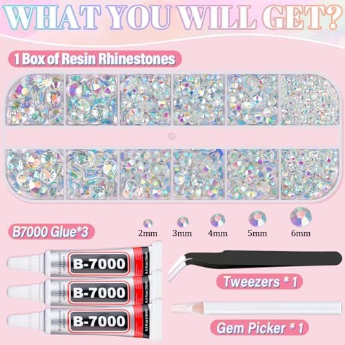 Resin Rhinestones for Crafting with 3Pcs 10ml B7000 Jewelry Glue, 1 Box Transparent AB Flatback Gems Crystals Diamond for Bedazzling Crafts DIY Nail Art Makeup, Gems for Clothing Tumblers Shoes