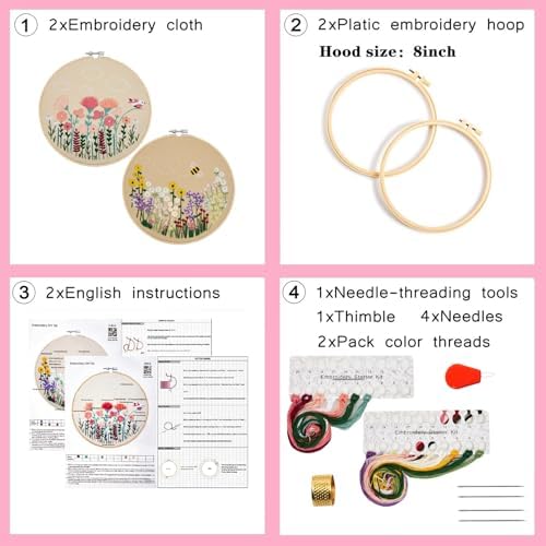 Flowers Embroidery Kits for Beginners Adults, Floral Hand Embroidery Set Needlepoint Kits, Stamped Cross Stitch Kits for Beginners Adults, 2 Embroidery Hoops, Fabric, Thread (Attached Video Tutorial)
