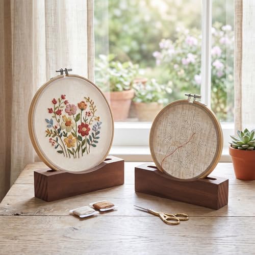 Chunful 6 Pcs Embroidery Hoop Display Stand Wooden Embroidery Frames Holder 2 Tier Groove Cross Stitch Hoop Stand Base Accessories for Display Home Exhibition (5.31" X 1.3" X 1.5",Walnut Color)