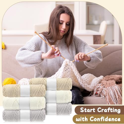 Syhood Hat Knit Set with Yarn Bamboo Needle Pom,White, Khaki White, Khaki