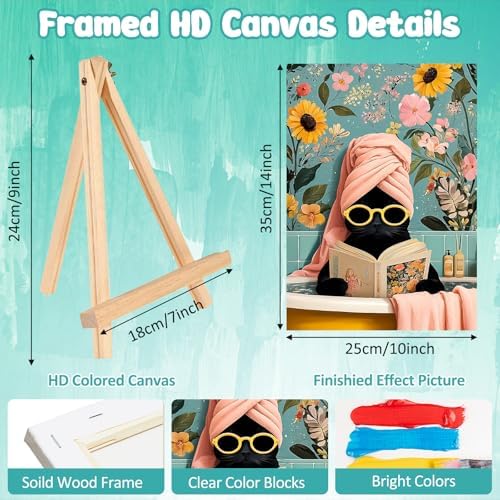 MAXBYE Paint by Numbers Kit for Adults with Frame and Wooden Easel, Easy Black Cat on Bathtub Painting Numbers Art Kits on Canvas, DIY Acrylic Painting Kit for Gift Home Wall Garden Decor 10×14 in