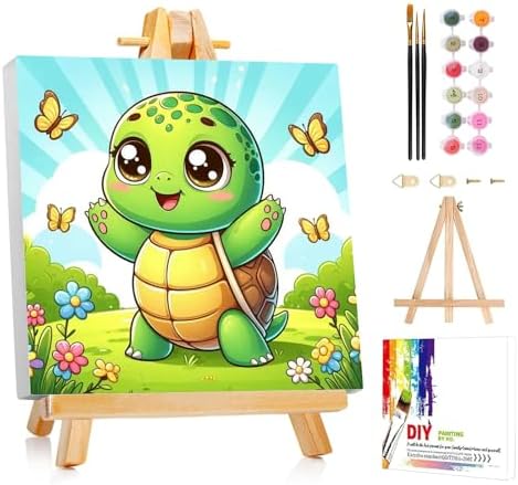 AUKELHJ Paint by Numbers Kit for Kids with Frame, Turtle, 8X8 inch