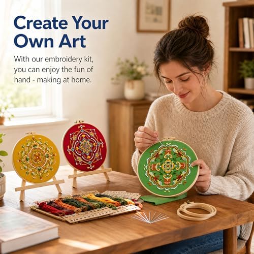 Qupace 3 Pcs Boho Embroidery Kits for Beginners Adults,Red Cross Stitch Sewing Craft Set with 3 Embroidery Hoops & 3 Finished Stands, Floral Pattern Needlework Kit