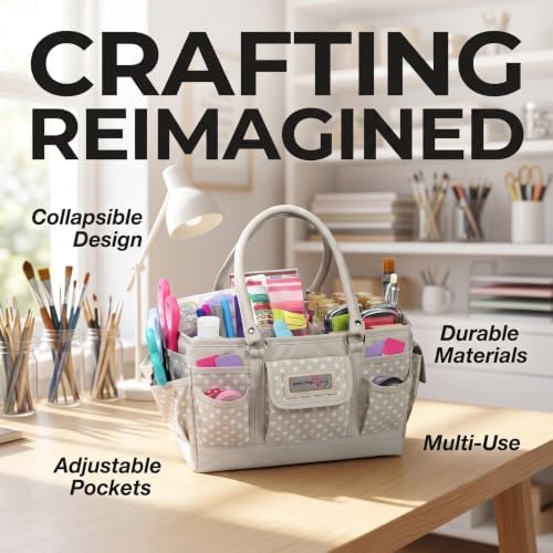 Everything Mary Deluxe Store & Tote Organizer – Tan Dot Craft Tote with Handle – Art Supply Caddy for Sewing, Scrapbooking, DIY Projects & Creative Tool Storage