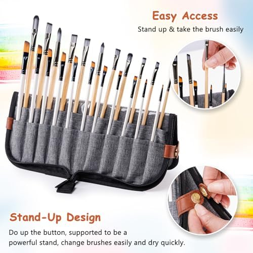 Paint Brush Holder Case for Artists with 22 Slots, Brush Organizer with Pop-Up Stand, Travel Paintbrush Storage Bag for Acrylic Oil Watercolor, Zippered Art Brush Cover (Brushes Not Included)