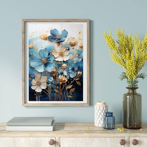 EIBEILI Diamond Painting Kits for Adults DIY 5D Diamond Art Paint with Round Diamonds Full Dril Gem Art Blue Flowers-3 Painting Kit for Home Wall Decor Gifts 12x16inch