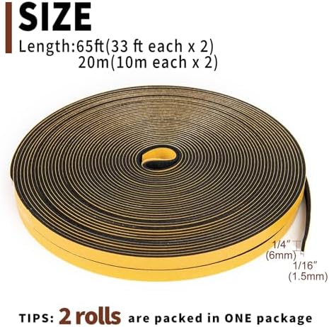 Yotache Weather Stripping (.25) 1/4 Inch Wide X 1/16 Inch Thick, 65 Ft