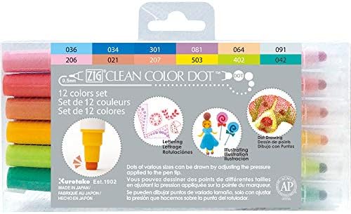 Kuretake CLEAN COLOR DOT Dual tip markers 12 colors set, 0.5mm fine tip and a flexible dot tip, for Journals, Crafts, Illustration, Lettering, Planners, for Adult, Kids, Made in Japan