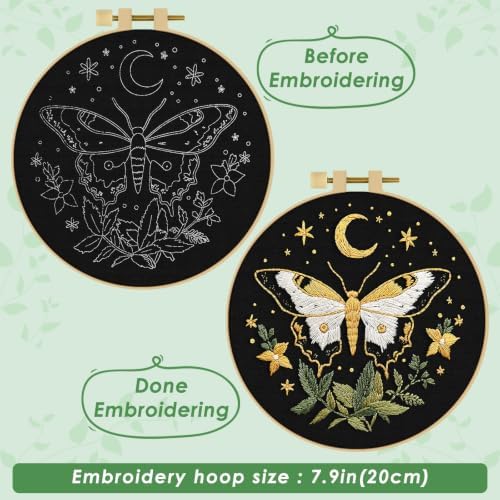ERKOON Embroidery Kit for Beginners Adult Cross Stitch Set Include Embroidery Cloth Hoop Threads for Craft Lover Hand Stitch with Embroidery Skill Techniques (Moon Butterfly)