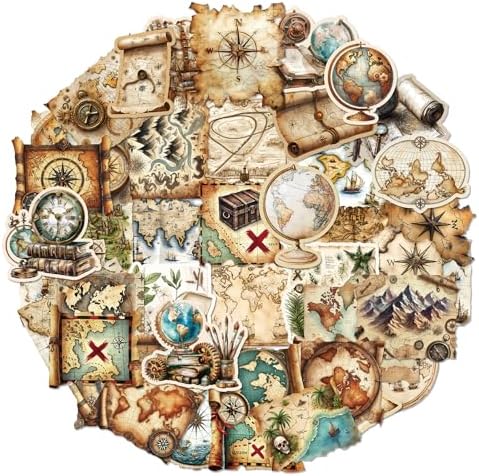 PRSTINCOL 100Pcs Vintage Sticker Pack,Cute Map Design Scrapbook Supplies, Vintage Aesthetic Junk Journal Accessories, Waterproof Vinyl Stickers for Water Bottles, Planners, Journals