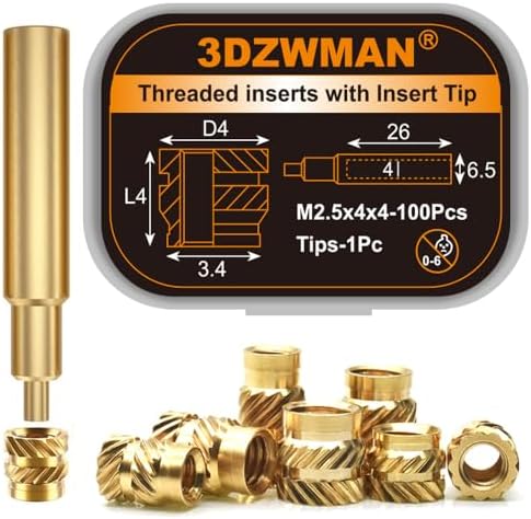 Threaded Inserts with M2-M8 Heat Set Insert Tools,Brass Metric Knurled Nuts for 3D Printing Components and Plastic Parts (M2.5x4x4-100Pcs)