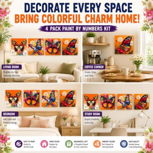 4 Pack Butterfly Paint by Numbers Kit for Kids with Frame Easel 8x8 inch