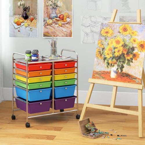 LDAILY 12 Drawer Rolling Storage Cart, Craft Cart Organizer on Wheels w/Metal Frame, Large Capacity & Smooth Drawer, Rolling Cart w/Drawers for Classroom, Office