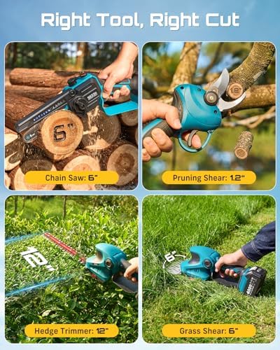 SEESII 4-in-1 Electric Mini Chainsaw, Battery Hedge Trimmer & Pruner Combo | Hand Pruning Shears with 2× Rechargeable 4000mAh Batteries, Grass Shear, Garden Tool Kit for Tree Trimming & Branch Cutting