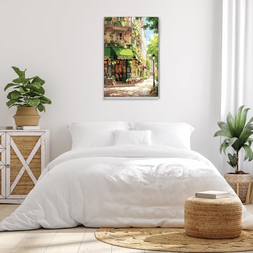 Bowetile Framed Street Cafe Paint by Numbers Kit for Adults, Adults' Paint-by-Number Kits on Canvas, Painting by Numbers Spring, DIY Acrylic Number Painting for Home Wall Decor, 8x12in