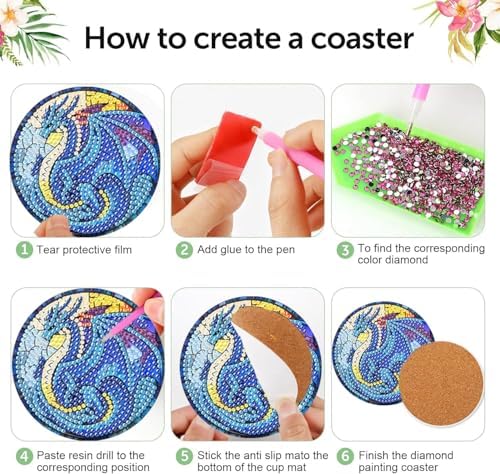 Diamond Art Coasters Kit, 8 Pieces Dragon Diamond Painting Coasters Kit
