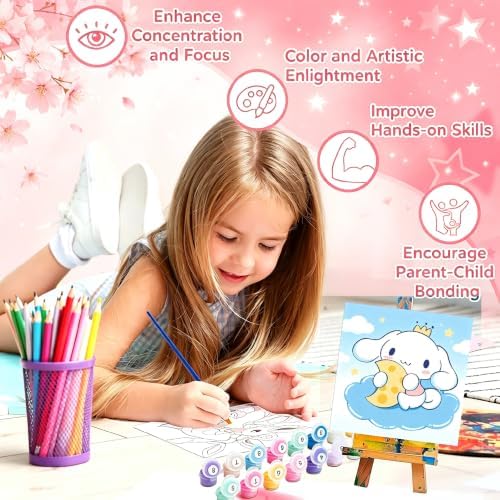 LWZAYS 4 Pack Cartoon Paint by Number for Kids with Wooden Frame-Paint by Numbers for Kids Ages 4-8-12, DIY Paints with Numbers Easy Acrylic Oil Painting Kits for Home Wall Decor (8X8inch) 4.0