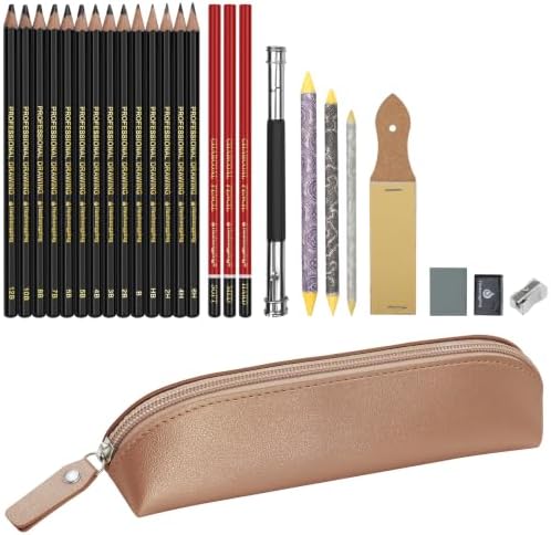 Heshengping, Sketching Pencil Drawing Pencils Set-26pcs, Art Supplies Drawing Kit,Graphite Charcoal Pro Draw Pencil Set,gift for Adults Beginners Artist for drawing sketching Copper Color Case