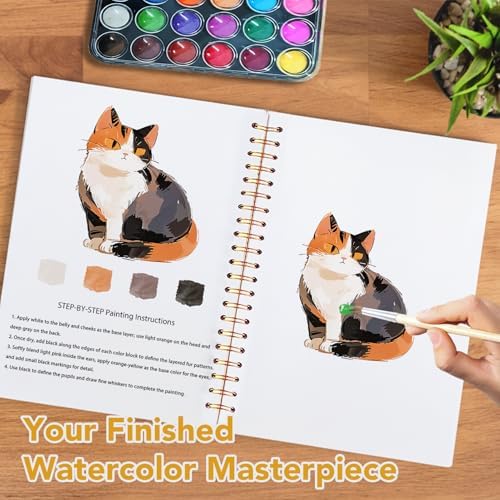 Easy Watercolor Workbook for Beginners - 12 Beautiful Step-by-Step Paintings Water Coloring Book, Includes 18 Colors Paints, Relaxing Art Projects and Creative Gift for Adults & Teen (Cats)