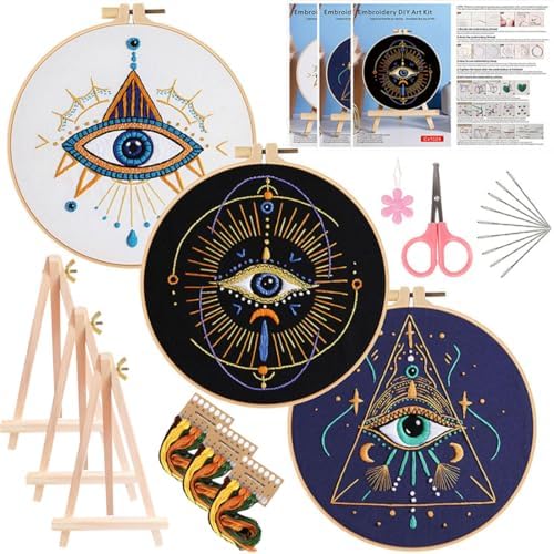 Qupace 3 Pcs Black Evil Eye Embroidery Kits for Beginners Adults,Stamped Cross Stitch Craft Set with 3 Embroidery Hoops & Finished Stands, Mystical Boho Eye Pattern Needlework Kit