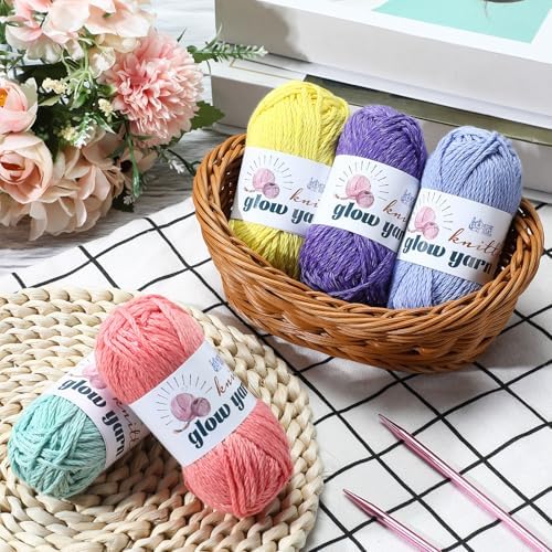 WILLBOND 5 Rolls Glow in The Dark Yarn Luminous Crochet Yarn for Crocheting DIY Knitting Glow Fingering Sewing Supplies for Halloween Arts Crafts Sewing Party, 54.7 yd Per Roll (Cute Colors)