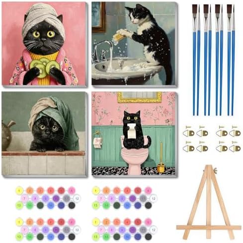 4 Pack Framed Black Cat Paint by Numbers Kits for Adults with Easel (8x8in)