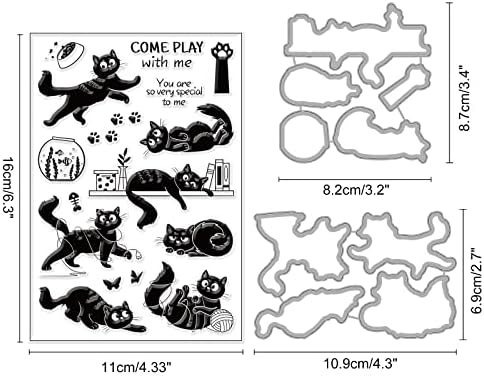 INFUNLY Cat Stamps and Dies for Card Making Cat Clear Stamp and Die Set Metal Cutting Die Silicone Rubber Stamps for DIY Scrapbooking Crafts