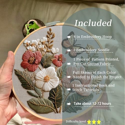 FONNUY Boho Floral Embroidery Kit, Pre-Stamped Butterfly Frolicking in Blooms Patterns Kits for Adults and Beginners, Handmade DIY Crafts Set, Color Thread Needlework, 8'' Hoop (Pink A1)