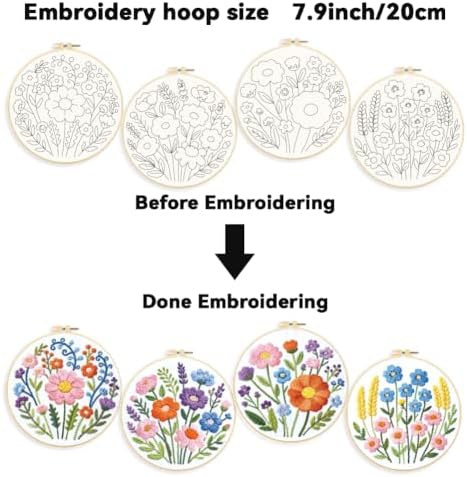 ORIGACH 4 Pack Easy Flower Embroidery Kits for Beginners DIY Starter Hand Embroidery Kit with Floral & Plants Patterns and Instructions for Adults Women Crafting