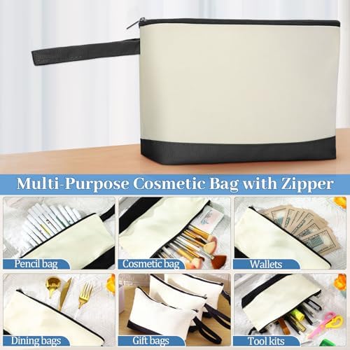Silkfly 30 Pcs Cotton Canvas Makeup Bags Cosmetic Zipper Bags 10.2 x 5.5 x 2'' Blank DIY Pouch Bulk Pencil Case with Bottom Travel Toiletry Pouch for Women Craft Decor Gift (Black,Beige)
