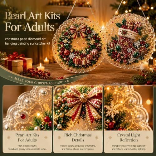 Cheerdox Christmas Pearl Diamond Arts Suncatcher DIY Kit, 5D Diamond Pearl Art Painting Acrylic Round Board with Lace Edge, Christmas Diamond Art Beads Craft Kit for Holiday (Style E)