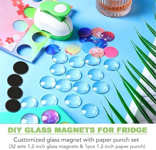 65pcs 1.2 Inch DIY Fridge Glass Magnets Craft Set Include 1.2“ Paper Punch,Craft Magnet with Adhesive Backing and Clear Glass Cabochons for Refrigerator (32 Sets,1.2 in/30mm, Round)