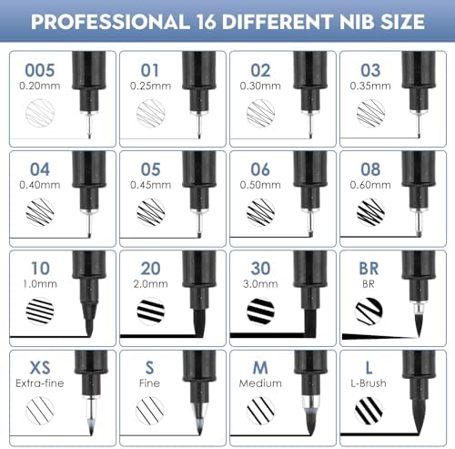YISAN Black Drawing Art Markers,Micro Fineliner Manga Pens,Calligraphy Pens for Sketching Technical Drawing,16 set 70351