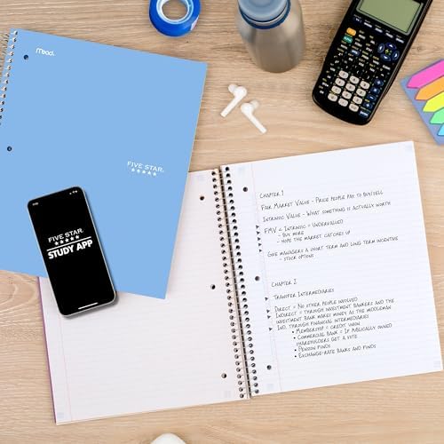 Five Star Spiral Notebook + Study App, 5 Subject, College Ruled Paper, 8-1/2" x 11", 200 Sheets, Fights Ink Bleed, Water Resistant Cover, Pacific Blue (73635)