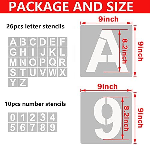 YEAJON 9 Inch Letter Stencils and Numbers, 36 Pcs Alphabet Art Craft Stencils, Reusable Plastic Templates for Wood, Wall, Fabric, Rock, Signage, DIY Art Projects (9 Inch)