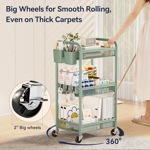 YASONIC 3 Tier Metal Rolling Cart, Green Utility Storage Cart with Wheels | Metal Mesh Craft Cart With Hooks & Hanging Cups, Ideal For Kitchen, Bathroom, Office, Dorm, Art Workspace, Bedside Storage