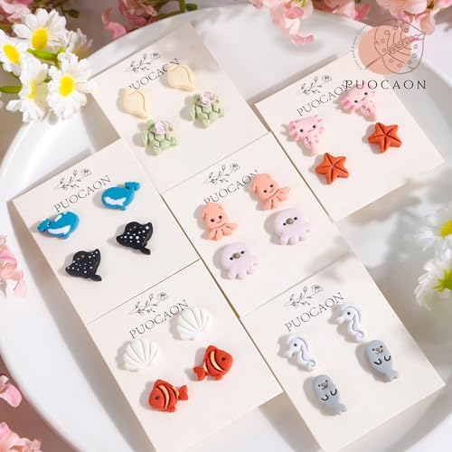 Puocaon Coastal Polymer Clay Cutters - 15 Pcs Small Stud Sea Creature Clay Cutters for Polymer Clay Earrings, Sea Life Ocean Animal Starfish Seahorse Ray Clay Jewelry Cutters