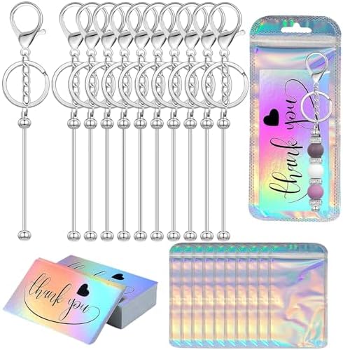 42/84/126 Pcs Beadable Keychain Bars Bulk Blank DIY Beaded Keychain Making Supplies with Bag Thank You Card