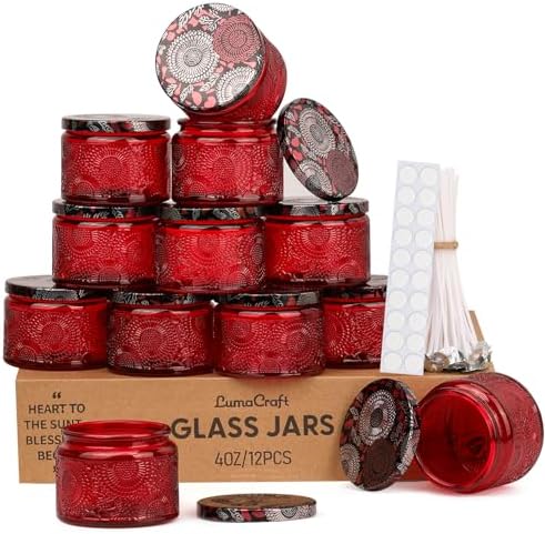 LumaCraft Luxury Embossed Glass Candle Jars for Making Candles - 12 Pack 4oz Empty Candle Containers with Airtight Metal Lids, 20 Wicks & 20 Stickers, Colored Glass Jars for Gifts & Decor
