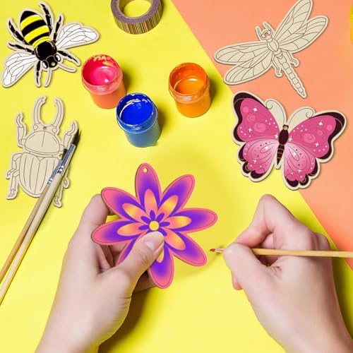 Sophena 80PCS Wooden Spring Ornaments to Paint, 8 Styles DIY Blank Unfinished Wood Insect Cutouts Ornament for Crafts Hanging Decorations, Dragonfly Butterfly Flower Shape Home Decorations Gifts