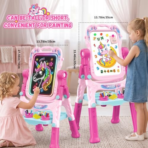 2-in-1 LED Drawing Board, Art Easel for Kids – Adjustable Double-Sided Rotatable Art Easel with Painting Accessories, Preschool Learning Toy for Girls Aged 3-5, Perfect Christmas, Birthday Gift (Pink)
