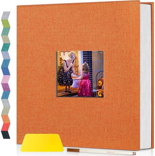 Popotop Photo Album Self Adhesive with Picture Display Window,40 Pages DIY Scrapbooking Supplies Kit for 4x6 8x10 Picture,Linen Cover Memory Book for Baby Wedding, with Scraper and Metallic Pen